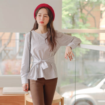 Waist-Tie Striped Long-Sleeve Blouse Top