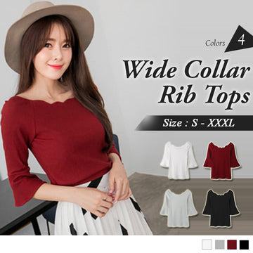 3/4 SLEEVE FLARE WIDE COLLAR RIB TOPS