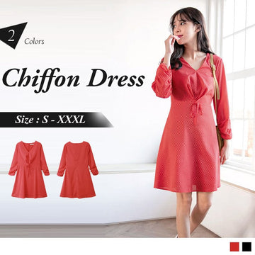 ORANGEBEAR V-NECK POLKA DOTS CHIFFON DRESS
