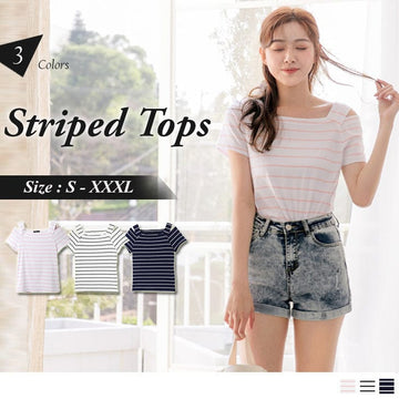 ORANGEBEAR SHORT SLEEVE STRIPED KNITS TOPS