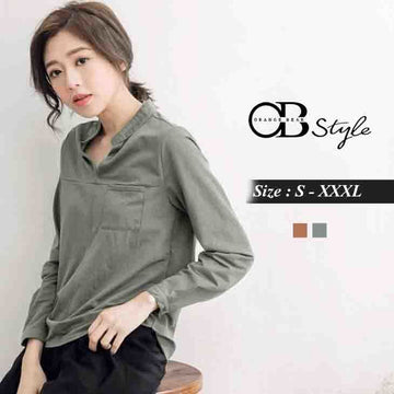 ORANGEBEAR V STAND NECK LONG SLEEVE TOPS