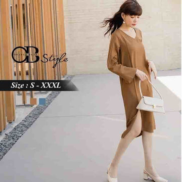 ORANGEBEAR PURE COLOR V NECK MID DRESS