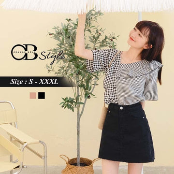 ORANGEBEAR RUFFLE COLLAR CHECKED TOPS