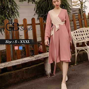 ORANGEBEAR V-NECK CONTRAST COLOR DRESS