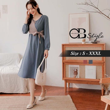 FAKE TWO PIECE ROUND NECK LONG SLEEVE BOWKNOT DRESS