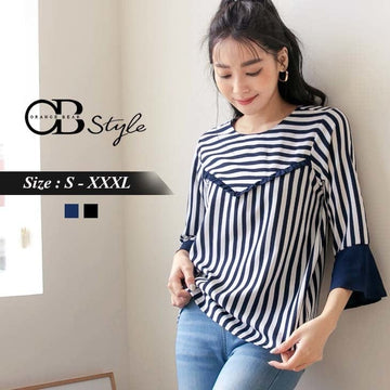 RUFFLE PATCHED ROUND NECK STRIPED FLARE SLEEVE TOPS