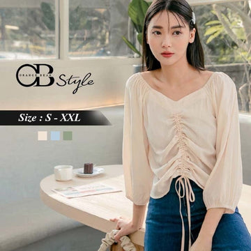 SWEETHEART RUFFLE 3/4 SLEEVE DRAWSTRING CROP TOPS