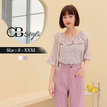 RUFFLE COLLAR PRINTED CHIFFON 3/4 SLEEVE TOPS