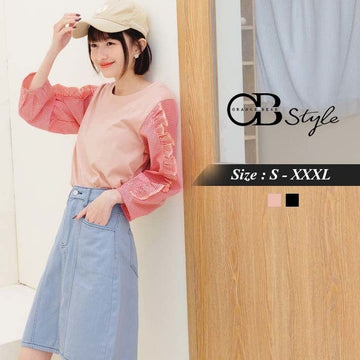 FAKE TWO PIECE CHECKED LONG SLEEVE ROUND NECK TOPS