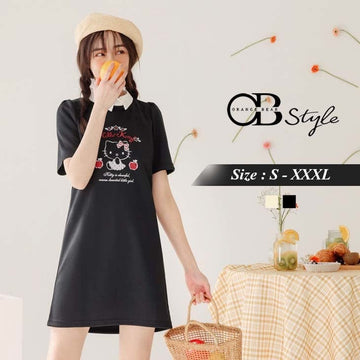 KITTY PRINTED ROUND NECK PUFF SLEEVE DRESS
