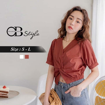 COTTON V-NECK CROP SHORT SLEEVE TOPS