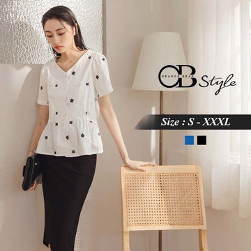 V-NECK COTTON EMBROIDERED A-LINE PUFF SLEEVE TOPS