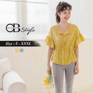 RUFFLE SLEEVE V-NECK CHIFFON ELASTIC WAIST TOPS