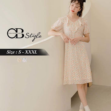 RUFFLE COLLAR PRINTED V-NECK A-LINE MIDI DRESS