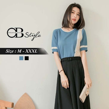 CONTRAST COLOR KNIT SHORT SLEEVE ROUND NECK TOPS