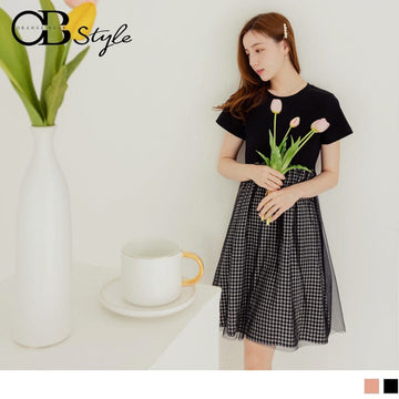 SHORT SLEEVE ROUND NECK CHECKED PATCHED GAUZE DRESS