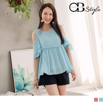 RUFFLE SLEEVE CUT OUT SHOULDER A-LINE TOPS