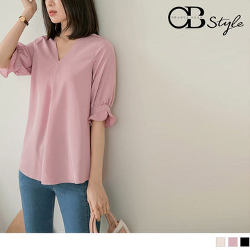 CHIFFON V-NECK RUFFLE SLEEVE PUFF SLEEVE TOPS