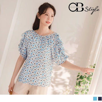PRINTED CUT OUT SHOULDER V-NECK RUFFLE SLEEVE TOPS