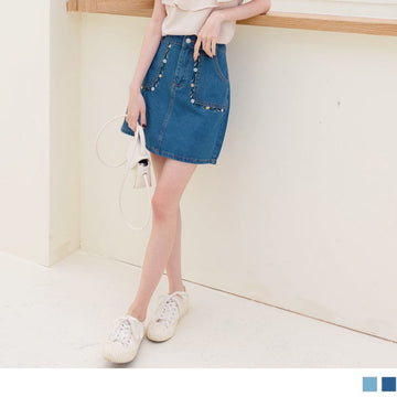 EMBROIDERED A-LINE DENIM MINI SKIRTS