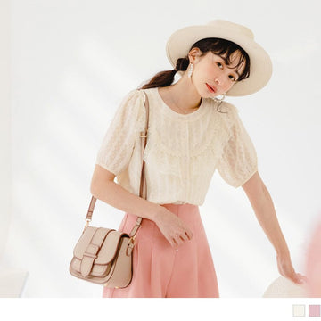 PUFFLE SLEEVE RUFFLE LACED BUTTON DOWN TOPS