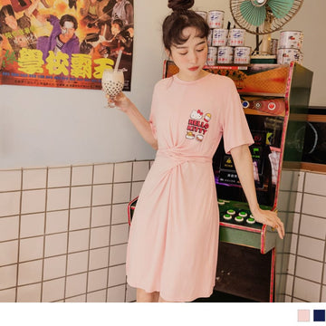 SHORT SLEEVE ROUND NECK TIE WAIST KITTY DRESS
