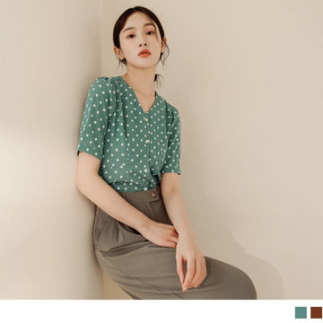 POLKA DOTS V-NECK BUTTONS CHIFFON PUFF SLEEVE TOPS