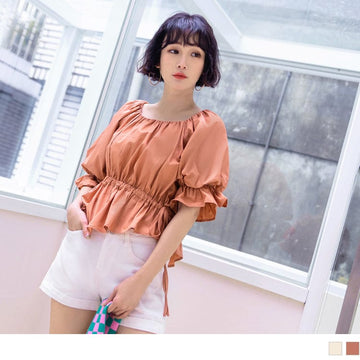 SQUARE NECK ASYMMETRICAL PUFF SLEEVE ELASTIC WAIST TOPS