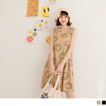 A-LINE ROUND NECK SLEEVELESS PRINTED MINI DRESS
