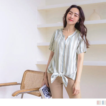 V-NECK SHORT SLEEVE STRIPED COTTON TOPS