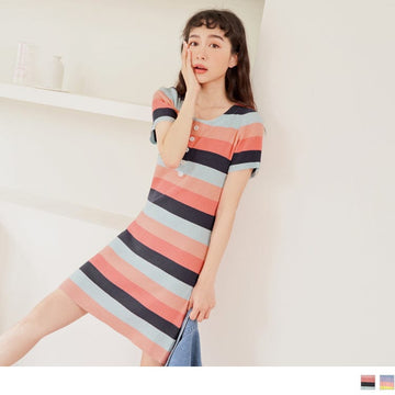 CONTRAST COLOR STRIPED BUTTON KNIT MIDI DRESS