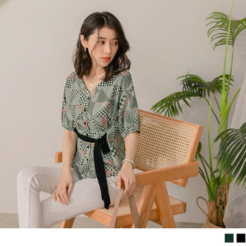 V-NECK CHECKED DROP SHOULDER CHIFFON TOPS
