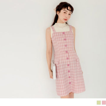 SQUARE NECK CHECKED BUTTONS SLEEVELESS DRESS