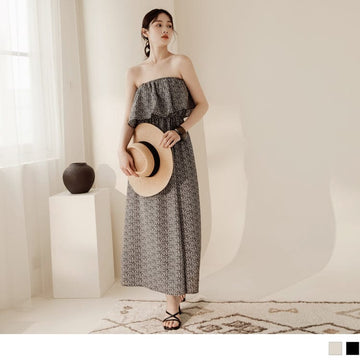 STRAIGHT ACROSS ELASTIC WAIST PRINTED MAXI DRESS
