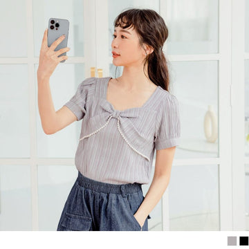 SWEETHEART COLLAR PUFF SLEEVE CROP BOWKNOT TOPS