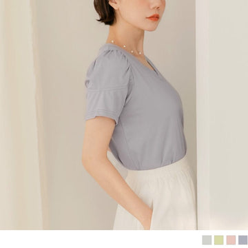 V-NECK SHORT SLEEVE PUFF SLEEVE CROP COTTON TOPS