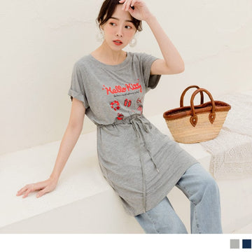 KITTY PRINTED A-LINE DRAWSTRING WAIST MIDI DRESS