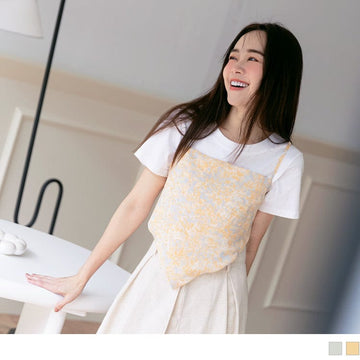 CHIFFON LAYERED-LOOK ROUND NECK SHORT SLEEVE TOPS