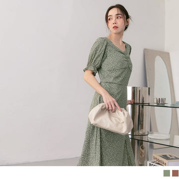 SWEETHEART COLLAR PUFF SLEEVE PRINTED DRESS