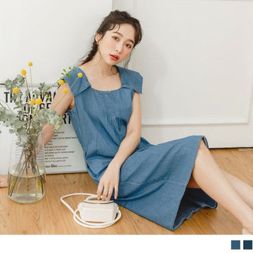 SQUARE NECK A-LINE SLEEVELESS DENIM MIDI DRESS