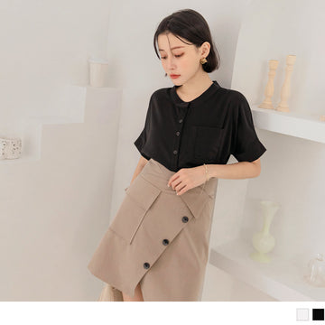 BAND COLLAR CHIFFON SHORT SLEEVE TUNIC TOPS