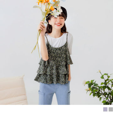 FAKE TWO PIECE PRINTED A-LINE SHORT SLEEVE TOPS