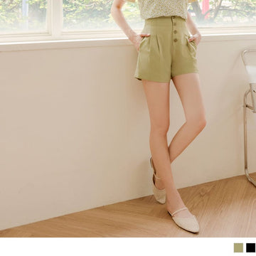 HIGH WAIST BUTTONS PLEAT STRAIGHT SHORTS