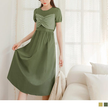 COTTON PATCHED PUFF SLEEVE ELASTIC WAIST DRESS