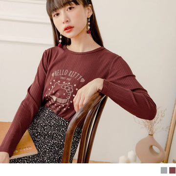 KITTY ROUND NECK ASYMMETRICAL RIB LONG SLEEVE TOPS