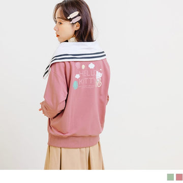 KITTY PRINTED SAILOR COLLAR DROP SHOULDER TOPS