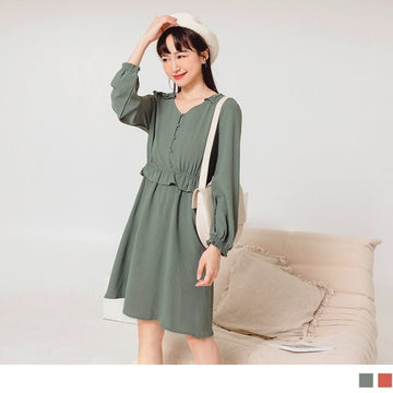V-NECK BUTTONS ELASTIC WAIST LONG SLEEVE MINI DRESS