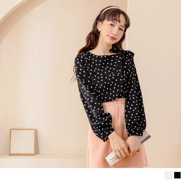 POLKA DOTS ROUND NECK PUFF SLEEVE LONG SLEEVE TOPS