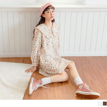 V-NECK DOLL COLLAR ROSE PRINTED MINI DRESS
