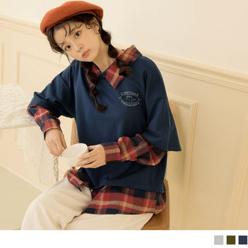 FAKE TWO PIECE CHECKED LONG SLEEVE COTTON TOPS